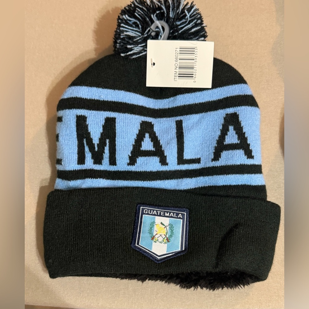 Guatemala Kids Pom-Pom Beanie - Black and Blue, Fleece lining